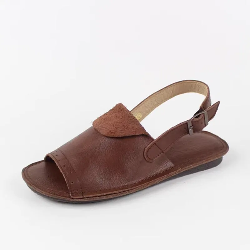 Retro Leather Buckle Sandals Open Toe Handmade Brown/Coffee