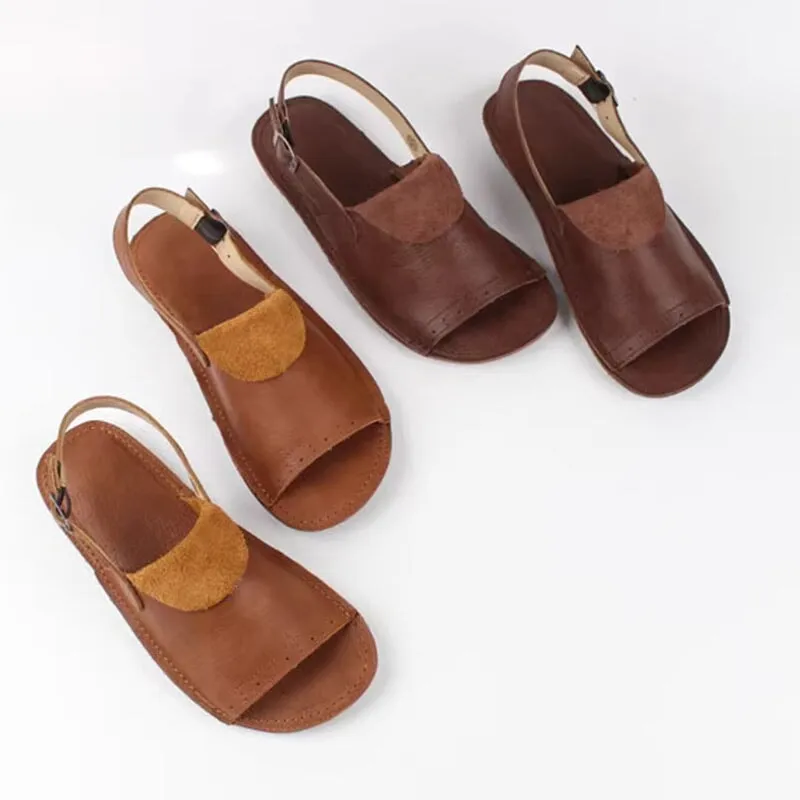 Retro Leather Buckle Sandals Open Toe Handmade Brown/Coffee