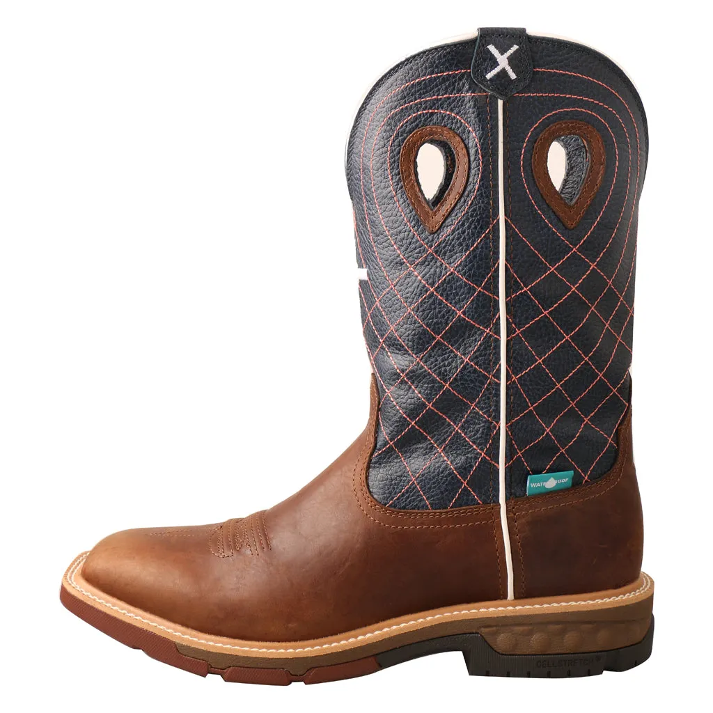 'Twisted X' Men's 12" CellStretch® Western WP Square Toe - Mocha / Navy