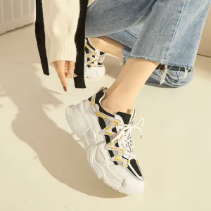 Women's Genuine Leather Chunky Sneakers in Black/White