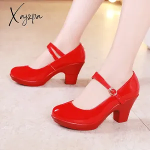 Xajzpa - Small Size 32-43 Medium Block Heel Platform Shoes Women Wedding Shoes Red White Fall Mary Jane Shoes Ladies Pumps Leather